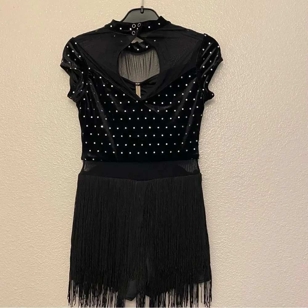 Weissman dance costume black velvet crystal fringe End Of Time 13009 MC 10/12